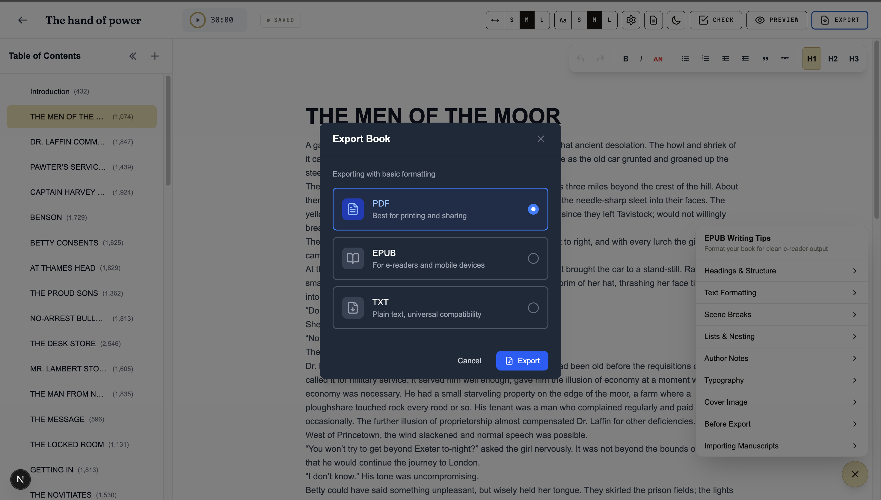 Export modal with EPUB, PDF, and TXT options