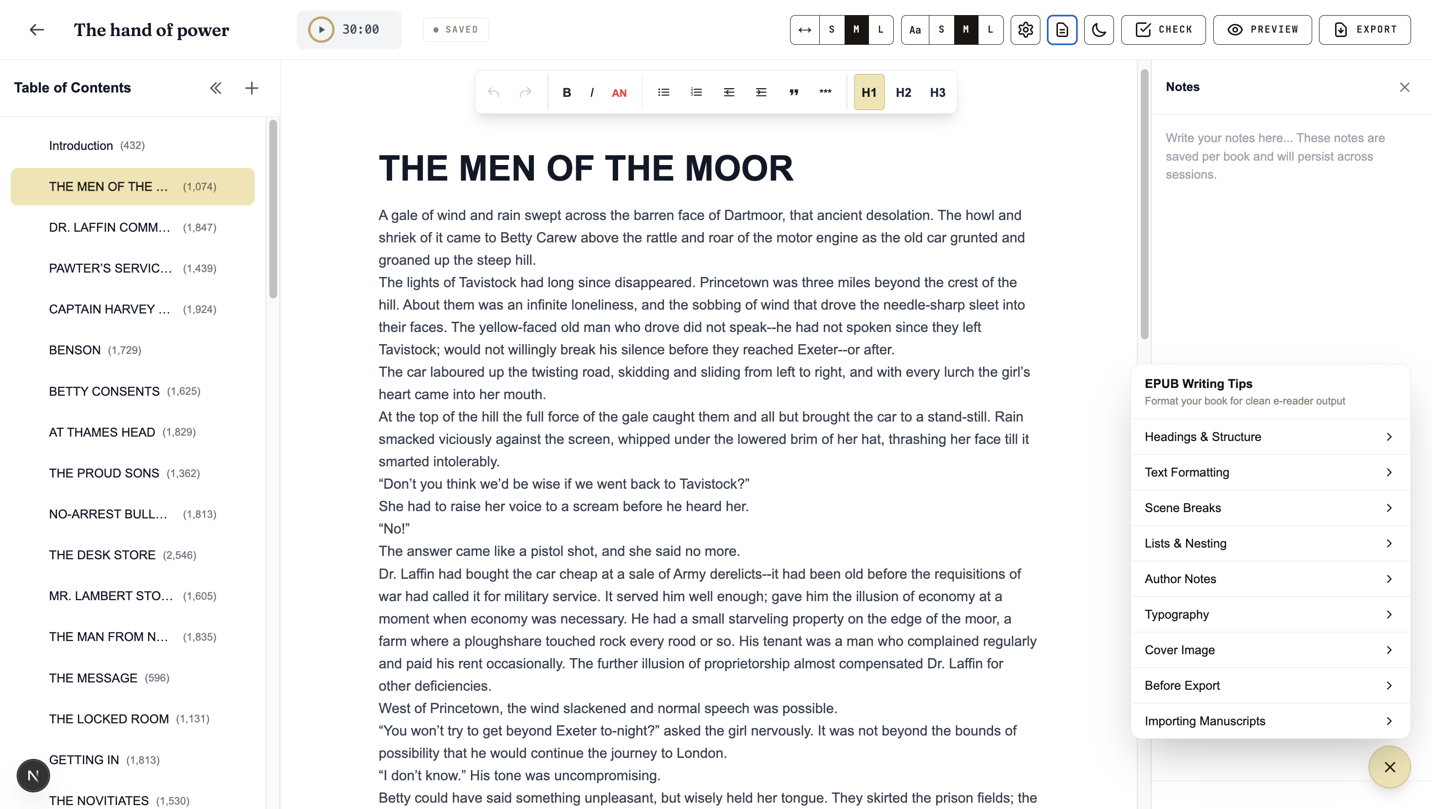 Bookler editor with chapters and formatting toolbar