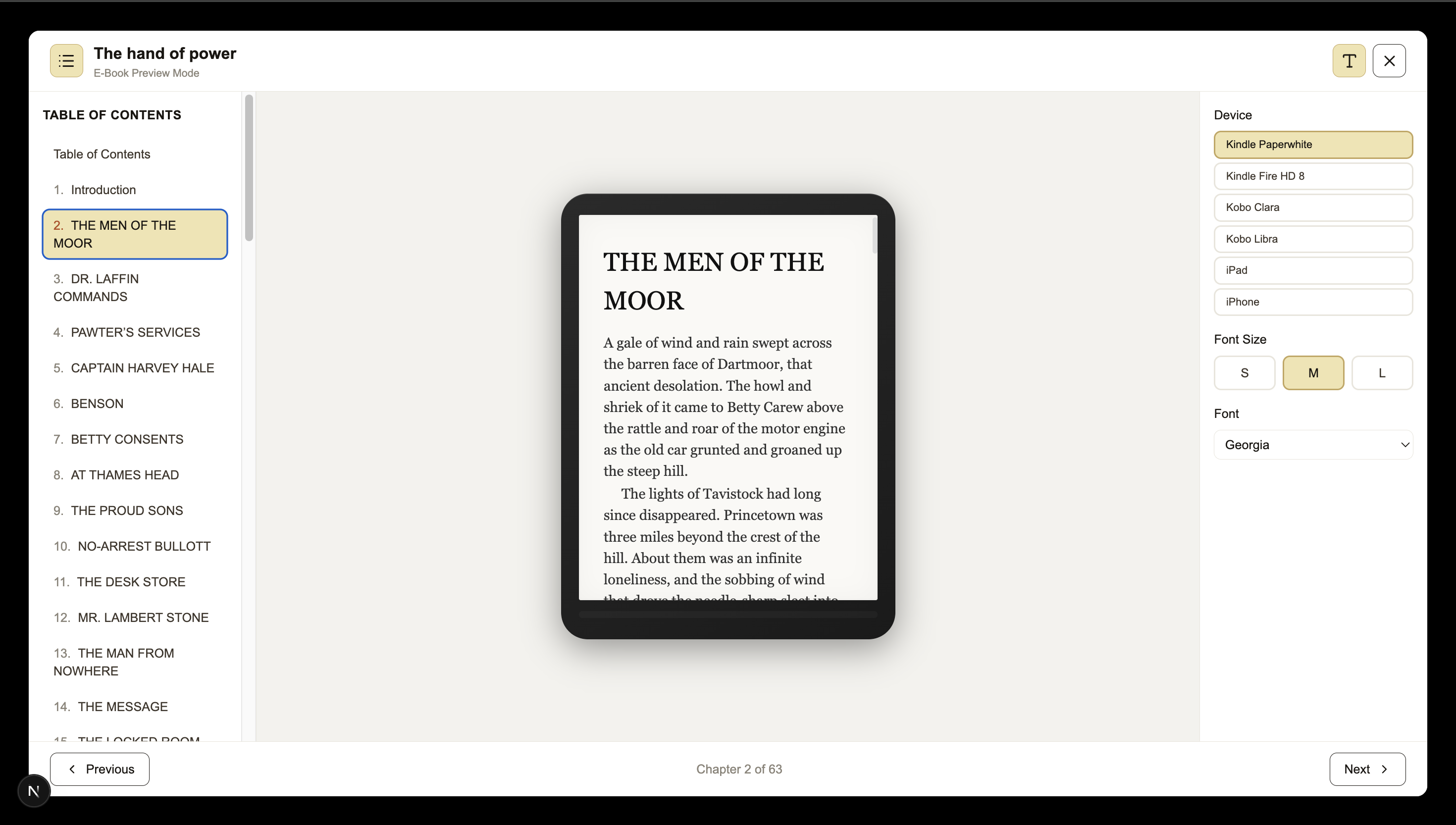 E-reader preview on Kindle Paperwhite